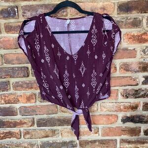 Mudd Burgundy Aztec Cold Shoulder Tie Waist Crop Top Women's Size XXS